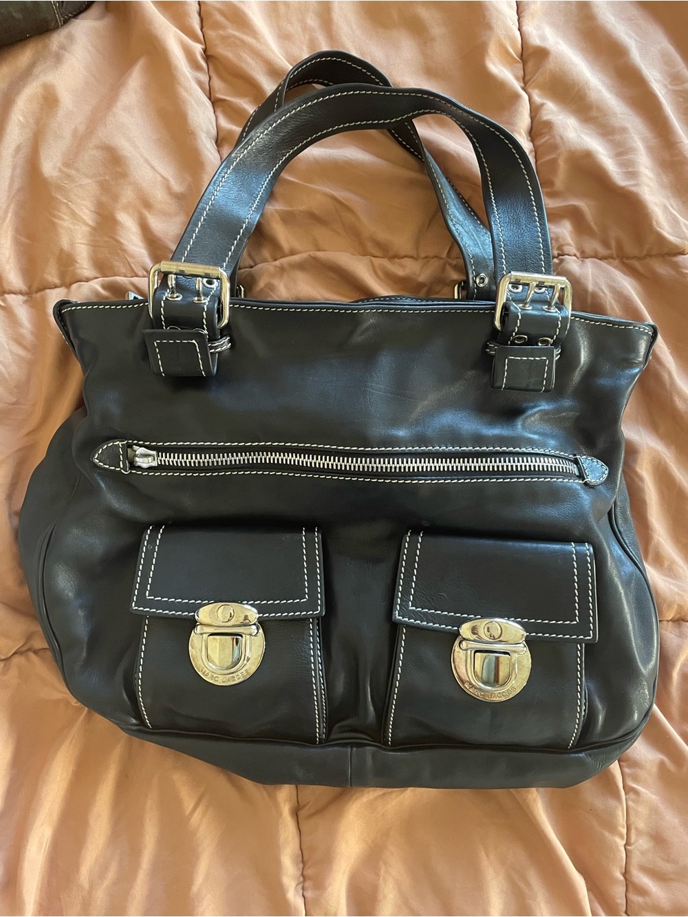 Marc Jacobs Black Leather Shoulder Bag with Silver Hardware